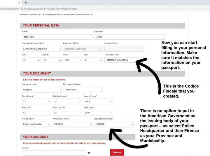 Filling in the cartafreccia form